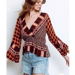 Free People Rosalie Red Patterned V-Neck Flared Sleeve Top Blouse Size Large